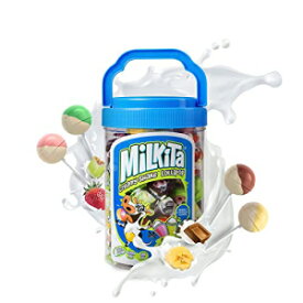 Milkita クリーミーシェイク ロリポップジャー、カルシウムと本物のミルクを配合したグルテンフリーの噛みごたえのあるキャンディー、トランス脂肪ゼロ、低糖、各種フレーバー (イチゴ、チョコレート、ハニーデュー、バナナ)、50 個 Milkita Creamy Shake Lollipop