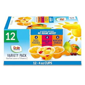 Variety Pack, Dole Fruit Bowls No Sugar Added Variety Pack Snacks, Peaches, Mandarin Oranges & Cherry Mixed Fruit, 4oz 12 Cups, Gluten & Dairy Free, Bulk Lunch Snacks for Kids & Adults