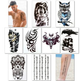 男性、ボーイズ、ティーン向け一時​​的なタトゥー – フェイクハーフアームタトゥースリーブ 腕、肩、胸、背中、脚、オオカミ、フクロウ、サンスクリット語、ラム、スカル、カラス、サイボーグ、リアル、防水転写、8枚 8x6インチ Temporary Tattoos For Men Guys