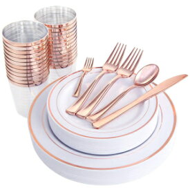 WDF 25Guest Disposable Rose Gold Plastic Dinnerware Set - Rose Gold Plates 25 Dinner Plates 25 Salad Plates 50 Forks 25 Knives 25 Spoons 25 Cups 25 Mini Forks for Mother's Day, Party