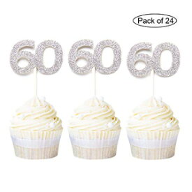 Newqueen ナンバーズ 60 カップケーキトッパー シルバーグリッター 60 番目のカップケーキピック 誕生日 記念日パーティー デコレーション用品 - 24 個 Newqueen Numbers 60 Cupcake Toppers Silver Glitter 60th Cupcake Picks Birthday Anniversar