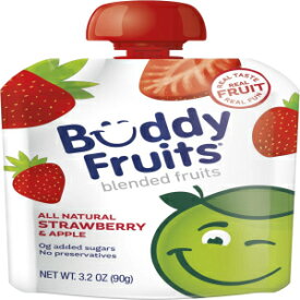 Buddy Fruits Pure Blended Fruit To Go Apple and Strawberry Applesauce | 100% Real Fruit | No Sugar, Non GMO, Vegan, Gluten Free, No Preservatives, BPA Free , Certified Kosher | 3.2oz Pouch 18 Pack