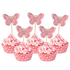 HOKPA Butterfly Cupcake Toppers, Glitter Butterfly Cake Toppers, Butterfly Theme Party Decoration, Baby Shower Dessert Cupcake Picks, Kids Birthday Party Decor (24 PCS Pink)