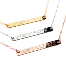 Necklace Coordinate Bar - Customized Diamond Engraving, 16K Gold Plated, GPS Personalized Gift
