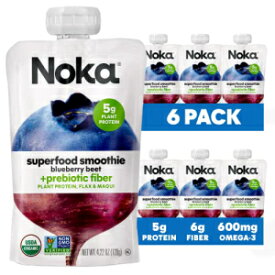 Noka Superfood Fruit Smoothie Pouches, Blueberry Beet, Healthy Snacks with Flax Seed, Plant Protein and Prebiotic Fiber, Vegan and Gluten Free Snacks, Organic Squeeze Pouch, 4.22 oz, 6 Count