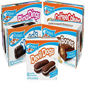 Drake's Variety Pack, 1 Box Each Of Coffee Cakes, Devil Dogs, Pound Cakes, Ring Dings, and Funny Bones, 40 Piece Assortment