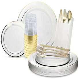 OCCASIONS 200pcs set (25 Guests)-Heavyweight Wedding Party Disposable Plastic Plate Set -25 x 10.5'' + 25 x 7.5'' + Silverware + Cups +linen like paper Napkins (White & Gold Rim)