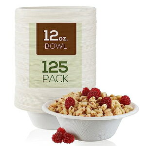 Paper Bowls 12 oz [125-Pack] - 100% Biodegradable Heavy Duty Disposable Bowls, Compostable Bowl Made from Bagasse/Sugarcane, for Hot and Cold Food ? Sturdy Design and Textured Exterior