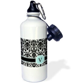 3dRose "Letter V personal monogrammed mint blue black and white damask pattern-classy personalized initial" Sports Water Bottle, 21 oz, White