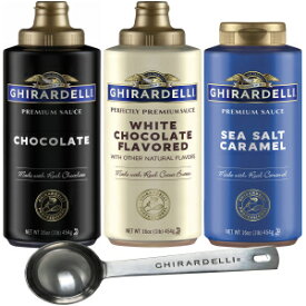 Ghirardelli Sea Salt Caramel, Chocolate and White Chocolate Flavored Sauce, 16 oz Squeeze Bottles (Pack of 3) with Ghirardelli Stamped Barista Spoon