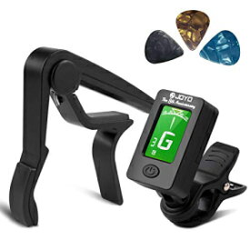 BROTOU Guitar Tuner Clip On with Guitar Capo for Guitar, Bass, Violin, Ukulele, Digital Electronic Tuner Acoustic Guitar Accessories with LCD Display (3 Guitar Picks)
