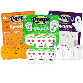 Peeps キャンディ ハロウィン ゴースト、スカル、カボチャ 楽しい形のマシュマロ、マシュマロ誕生日パーティーの記念品ギフトキャンディ、のぞき見愛好家向け、3 個パック Peeps Candy Halloween Ghost, Skulls and Pumpkins Fun Shaped Marshmallows, Mar
