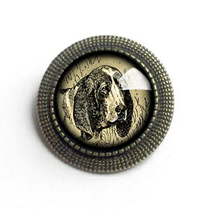 �o�Z�b�g�n�E���h�̃��o�[�X�f�R�p�[�W���K���X�Ɛ^�J�̃u���[�` The Divine Iguana Basset Hound reverse decoupage glass and brass brooch
