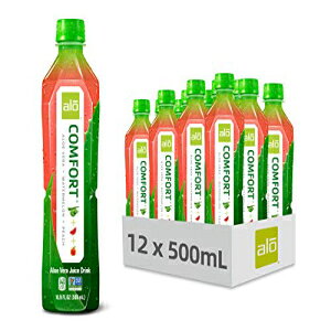 ALO COMFORT Aloe Vera Juice Plant-Based Drink with Aloe Vera Pulp, Watermelon + Peach Juice Aloin Free, Non GMO 16.9 FL OZ (500mL) Bottles Pack of 12