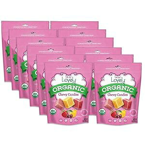 Lovely Candy Co. Organic Chewy Candies 5oz Bag (12-pack) Natural Strawberry, Lemon & Cherry Flavors Vegan, Gluten Free, Non-GMO, No Artificial Ingredients, Individually Wrapped