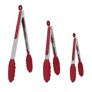 uxcell Kitchen Tongs for Cooking with Silicone Tip Stainless Steel Tongs Set Toaster Serving BBQ Non-stick Locking Tong Set of 3-7 & 9 & 12 Burgundy