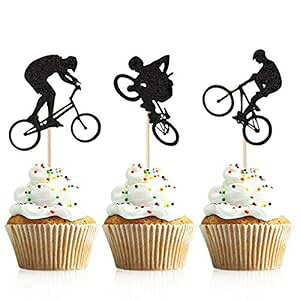 Donoter Ob^[ BMX ]ԃJbvP[Lgbp[sbN 48  ]ԃe[}̒ap[eB[P[LfR[Vp Donoter 48 Pcs Glitter BMX Bicycle Cupcake Topper Picks for Bike Theme Birthday Party Cake De