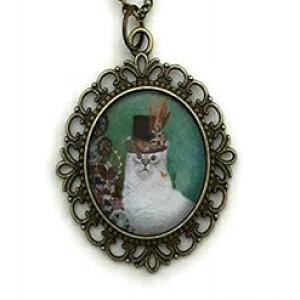 LlbNX - VNnbgԂX`[pNLeB Fern & Filigree White Cat Necklace - Steampunk Kitty in Top Hat