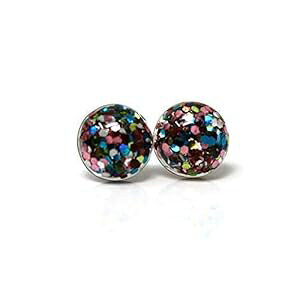 ȃ~bNXOb^[COAvX`bN|XgX^bhA8mm sNAANAAVo[AO[ Pretty Smart Dainty Mixed Glitter Earrings on Plastic Post Studs, 8mm Pink, Aqua, Silver, Green