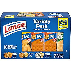 Lance Sandwich Crackers, Variety Pack, 3 Flavors, 20 Individually Wrapped Packs, 6 Sandwiches Each