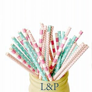 Charmed paper straw in aqua pink and hot candy pink stripe and polka dot (Pack of 75)
