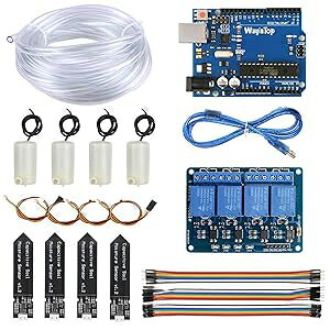 WayinTop Upgrade Automatic Irrigation DIY Kit Self Watering System for Garden Plant, Development Board + 4pcs Soil Moisture Sensor + 4 Channel Relay + 4pcs Water Pump + 5M Vinyl Tubing + Jumper Wire