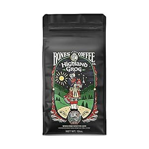 Bones Coffee Company Flavored Coffee Beans, Highland Grog 12 oz Low Acid Medium Roast Gourmet Coffee Beans in Rum Butterscotch and Caramel Flavor (Ground)