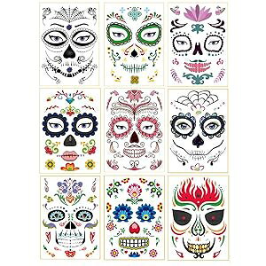Mangoit Halloween Day of the Dead Face Tattoo Halloween Face Temporary Tattoo Sugar Skull Water Transfer Stickers Face Makeup Props for Women Men Adult Kids Boys Halloween Party Favor Supplies(9 Sheet)