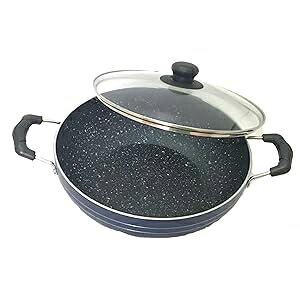 SHRIYA Nonstick Induction Base Kadai with Glass Lid 2.2L Capacity Aluminum Deep Fry Pan with Cool-Touch Handles Compatible with Induction and Gas Cooktops SHRIYA Nonstick Induction Base Kadai with Glass Lid 2.2L Capacity A