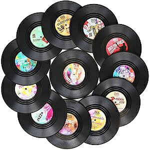 DuoMuo Funny Retro Record Coasters for Drinks with Vinyl Player Holder for Music Lovers,Set of 6 Conversation Piece Sayings Drink Coaster,Housewarming Hostess Wedding Registry Gift Ideas