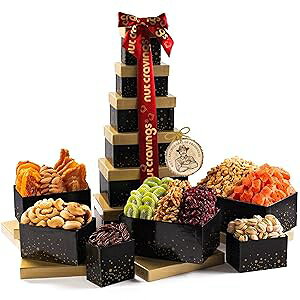 NUT CRAVINGS Gourmet Collection - Thanksgiving Holiday Christmas Mixed Nuts Gift Basket Black Tower + Heart Ribbon (12 Assortments) Xmas Arrangement Platter, Birthday Care Package - Healthy Kosher