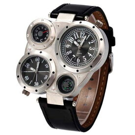 【送料無料】 2フェイス 腕時計 メンズ ビッグフェイス仕様 クオーツ ラウンド コンパス オシャレ シンプル カジュアル ビジュアル シルバー デザイン メンズ腕時計 温度計