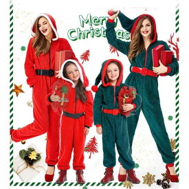 クリスマス 緑 オールインワン パジャマ フード付き 大人 子ども レッド サンタ コスプレ レディース ふわふわ