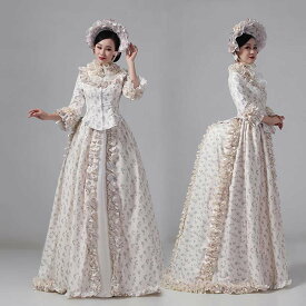 ヨーロッパ風 宮廷ドレス 中世貴族風 ビクトリア時代 花柄 3点セット 上着+スカート+頭飾り 現代劇演出 撮影用 お姫様ドレス サイズ指定 パニエ追加可グローリーパーク