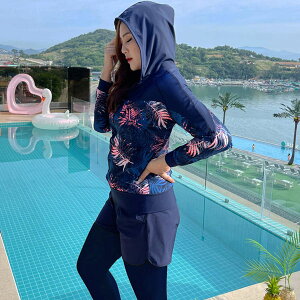 フィットネス水着 ぽっちゃり 女性 セパレート 前開き スポーツ水着 体型カバー5点セット 大きいサイズ ネイビー ラッシュガード ミセス ママ水着 ショートパンツ スイミング ジム20 代30代 4