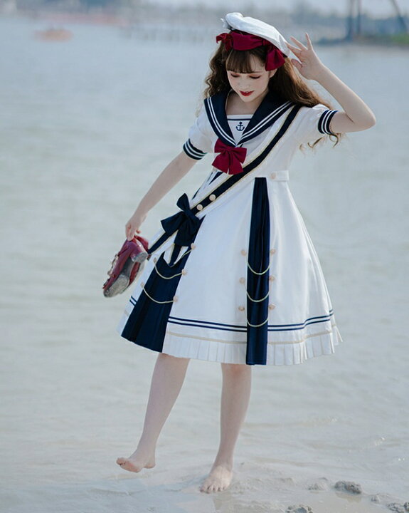 春夏セーラーワンピースレディース少女マリンセーラー服海軍風綿麻ロリータaラインリボン