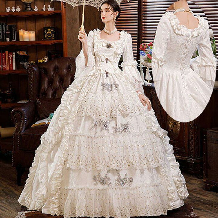 楽天市場 ドレス レディース ロングドレス 貴族ドレス 中世ヨーロッパ お姫様 プリンセスドレス カラードレス 長袖 フリル スクエアネック アンブレラスリーブ 華やか ボリューム ゴージャス ステージ衣装 貴婦人 オペラ プリンセスライン ワンピース 撮影 編み上げ