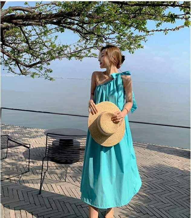 楽天市場 リゾートワンピース 肩出し ワンショルダー ロング丈マキシ ハワイ レディース きれいめ 夏 無地 ボヘミア風 アシメ セクシー ビーチ サマードレス リゾート 体型カバー フレア 青 夏ワンピ 旅行 デート 大人 可愛い S M L Xl 代品不可 パーティードレス