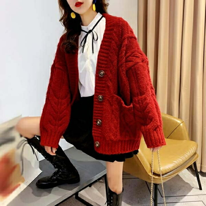 楽天市場】カーディガン 秋冬 厚手 赤 ざっくり ニット ケーブル編み  