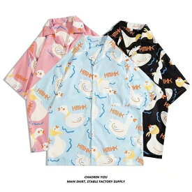 アロハシャツ レディース 半袖 おしゃれ 大人シャツ レディース レーヨン 開襟シャツ 夏物 ハワイアン 半袖 アヒル柄 総柄 可愛い ゆったり 体型カバー ヴィンテージ風 シンプルデザイン オープンカラー カジュアル ストリートリゾート 旅行 海グローリーパーク