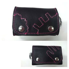 野球グローブの革製　 コンパクトウォレット　三つ折り財布　ブラックXピンクステッチ