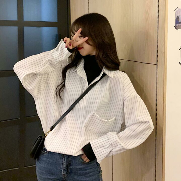 楽天市場 送料無料シャツ 重ね着風 レイヤード風 レディース ハイネック ストライプ 縞柄 トップス ゆるシャツ ビッグシルエット オーバーサイズ 体型カバー カジュアル シンプル ベーシック 定番 ギュリック