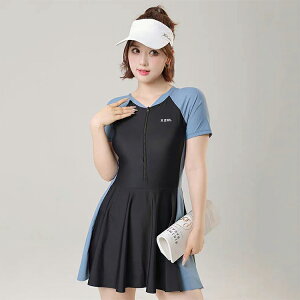 フィットネス 水着 ワンピース 大きいサイズ 女性 レディース スクール水着 オールインワン 半袖 前ファスナー 中学生 高校生 可愛い 体型カバー 痩せ見え ショーツ一体型 スポーティー ネ