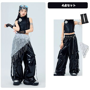チアダンス 女の子 キッズダンス衣装 セットアップ ブラック タンクトップ トップス へそ出し 肩だし 花飾り レザーパンツ 黒 ダボパン光沢感 原宿系 腰巻き 上下セット ダンスウェア かっ