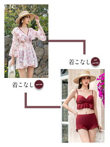 花柄 ボタニカル柄 チュニック 水着 ワンピース ワインレッド 水着 体型カバー 大きいサイズ 日焼け防止 UVカット 水着 レディース セパレート 韓国風 オトナ女子 ミセス ママ 30代 20代 セク