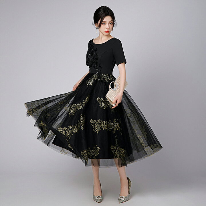 楽天市場】黒 オフショルダー パーティードレス ゴールド 刺繍 半袖  