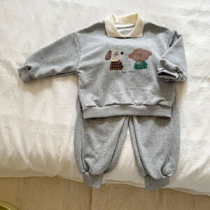 ジャージ スウェット 上下セット 子供服 春秋 トレーナー スウェットパンツ ユニセックス 兄妹 犬柄 英字 グレー ブラウン 長袖 長ズボン 普段着 スポーツ 可愛い 柔らかい 90 100 110 120 130 140 1