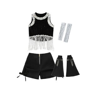 シルバー 光沢 キッズダンス衣装 セットアップ 女の子 演出服 K-POP 肩だし ショート丈トップス ノースリーブ 黒 スパンコール ステージ衣装 jazz ショート丈パンツ ブラック 短パン 銀 キラキ