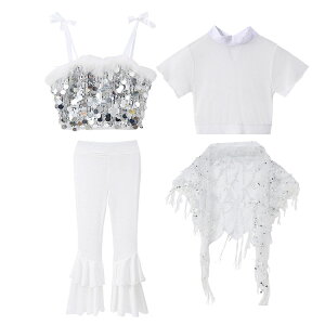 黒 スパンコール キャミソール キッズダンス衣装 女の子 セットアップ ガールズ ブラック フレアパンツ 白 団体服 発表会 上下セット jazz 光沢 キラキラ ジャズダンス衣装 へそ出し 肩だし