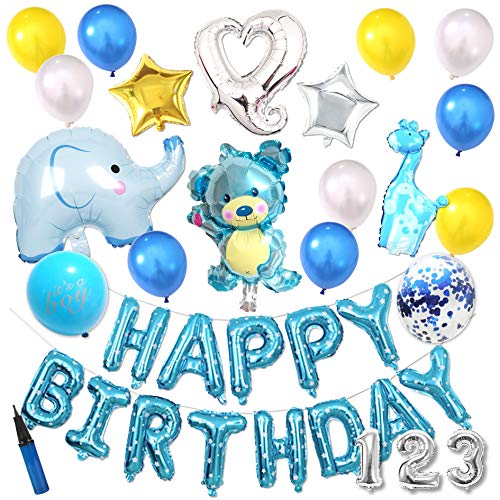 deerzon 誕生日 バルーン 飾り付け 25点 セット 動物 ハート 風船 女の子 男の子 バースデー 1歳 2歳 3歳 (ブルー)